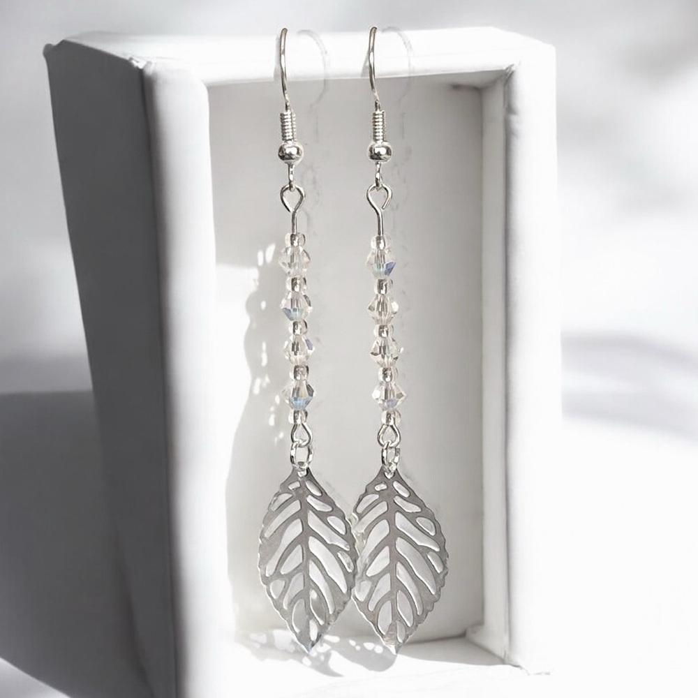 5 For $25💫Long Elegant Silver Filigree Leaf With Swarovski Crystals Dangles